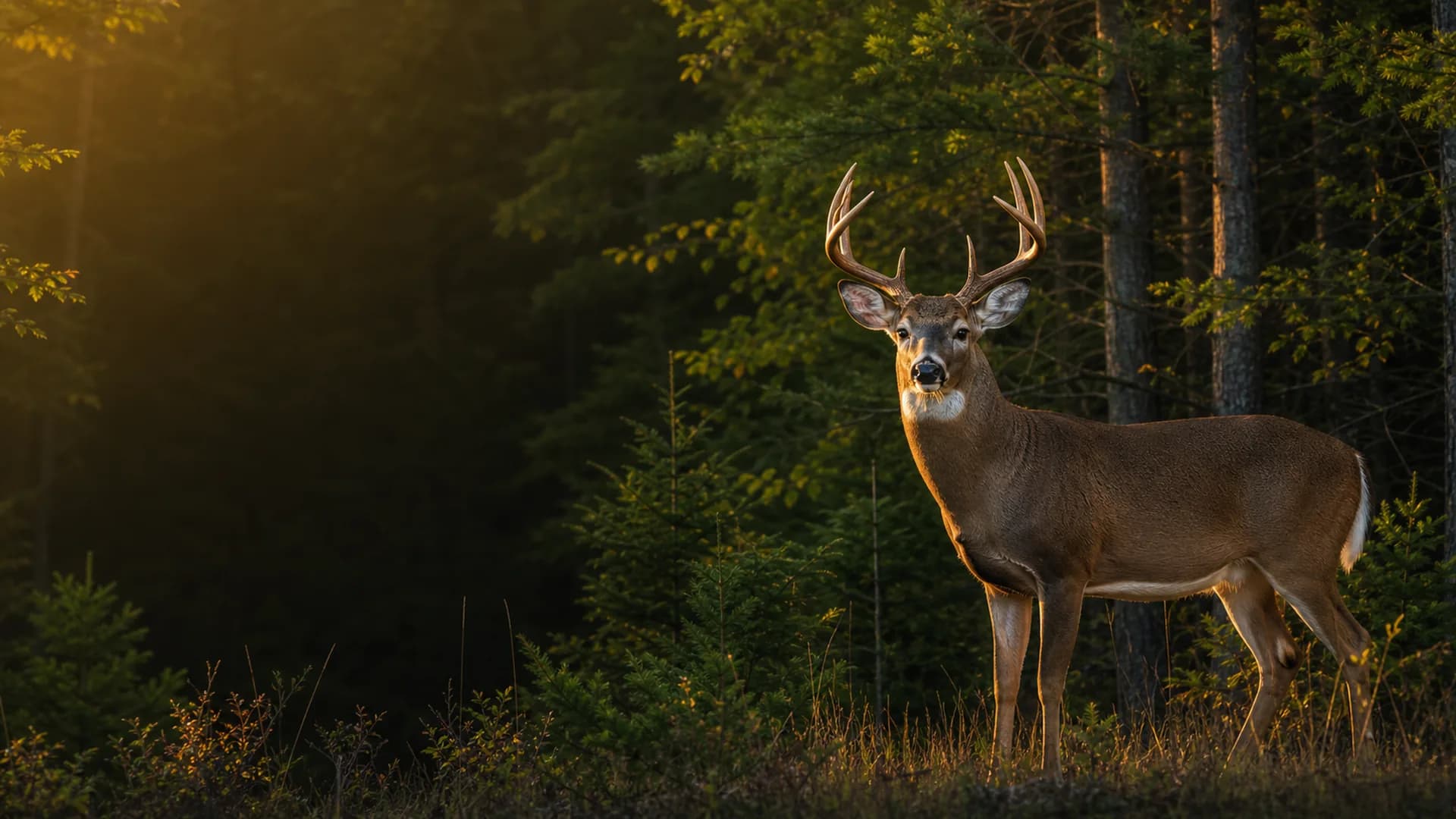 Mature whitetail buck at the edge of Upper Peninsula forest