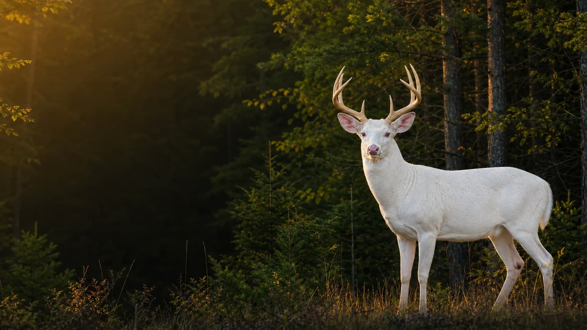Albino whitetail buck at the edge of an Upper Peninsula forest